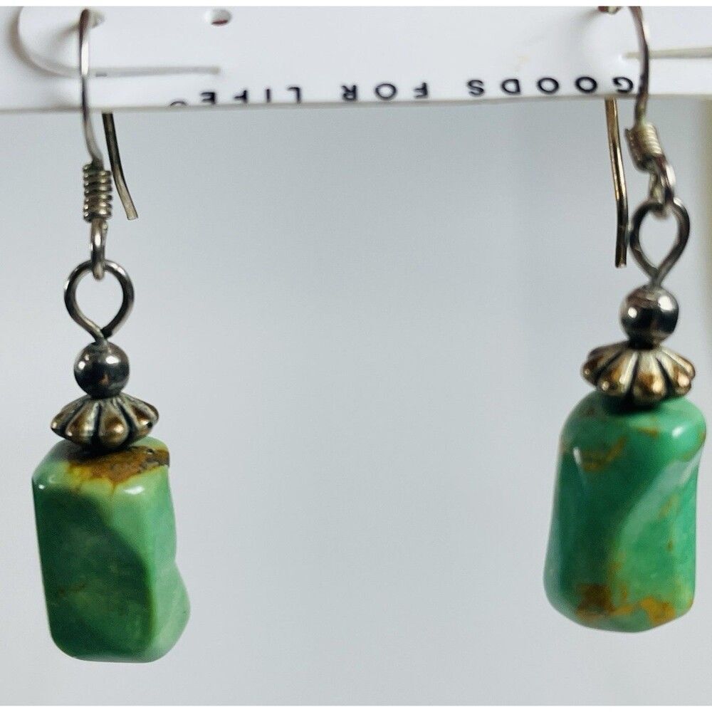 Unmarked Green Ceramic Drop Earrings 1.5" Silver Tone Dangle Boho Rustic Stone L